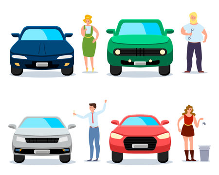 Private cars problems vector illustrations set. Frustrated people with fine, wrench, woman throwing keys away on white background. Rejection of private cars, public transport, ecology conceptのイラスト素材