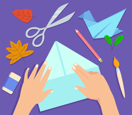 Hands making origami vector illustration. Folded sheet of paper, pencil, scissors and fall leaves on purple background. Paper crafts, paper packaging, hobby, self-expression conceptのイラスト素材