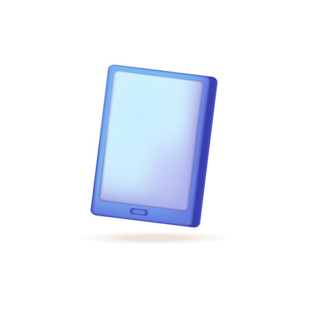 Blue smartphone or tablet with empty screen 3D illustration. Cartoon drawing of mobile device or gadget with blank display in 3D style on white background. Technology, equipment, electronics conceptのイラスト素材