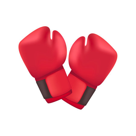 Pair of red boxing gloves for athletes 3D illustration. Cartoon drawing of equipment for boxers in 3D style on white background. Sports, boxing, motivation, strength conceptのイラスト素材