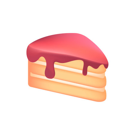 Piece of cake with red icing 3D illustration. Cartoon drawing of sweet treat in 3D style on white background. Food, desserts, confectionery, bakery, celebration conceptのイラスト素材