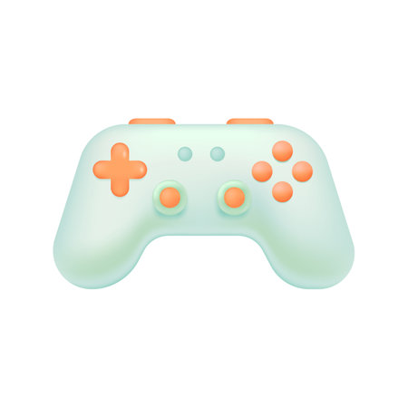 White controller with orange buttons 3D illustration. Cartoon drawing of gamepad or console for playing games in 3D style on white background. Entertainment, leisure, technology, gaming conceptのイラスト素材