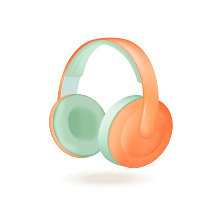 Orange wireless headphones 3D illustration. Cartoon drawing of equipment or device for DJs, radio or listening to music in 3D style on white background. Technology, accessories, music conceptのイラスト素材