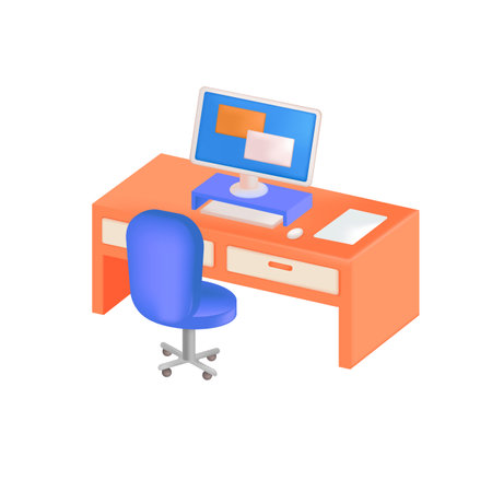 Computer desk with office chair 3D illustration. Drawing of working place or room of office worker with table and equipment in 3D style on white background. Workplace, business, technology conceptのイラスト素材