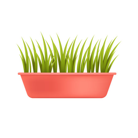 Indoor grass or plants growing in red pot 3D illustration. Cartoon drawing of green grass in flowerpot in 3D style on white background. Houseplants, nature, botany conceptのイラスト素材