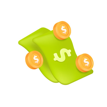 Dollar bills and gold coins 3D illustration. Cartoon drawing of banknotes or cash in 3D style on white background. Finances, wealth, investment, banking, economy conceptのイラスト素材