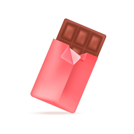 Milk or dark chocolate bar in red packaging 3D illustration. Cartoon drawing of sweet or tasty snack from cacao in 3D style on white background. Food, desserts, confectionery conceptのイラスト素材