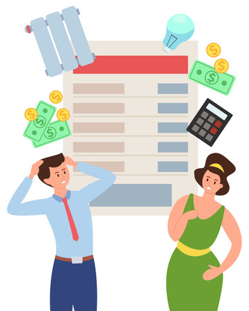 Afraid married couple with huge utility bill vector illustration. Cartoon drawing of man and woman with money, calculator, heating and electricity symbols. Family budget, finances, economy conceptのイラスト素材
