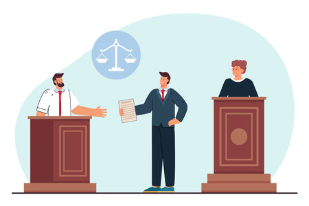 Lawyer giving evidence in court during trial vector illustration. Cartoon drawing of attorney, witness and judge characters in courtroom, scales symbol. Justice, law, legislation conceptのイラスト素材