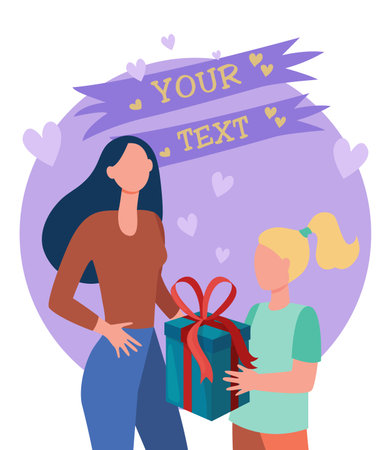 Mother receiving gifts from kid vector illustration. Happy daughter giving presents to woman, celebrating holiday together. Mothers day, family, flowers, attention conceptのイラスト素材