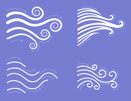 Different styles of air flow vector illustrations set. Windair direction arrows showing air movements from conditioner of fan on purple background. Air purifier, filter, hot weather, summer conceptのイラスト素材