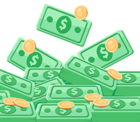 Green dollars falling vector illustration. Pile of money with flying bills and coins on white background. Financial analytics, financial management, money savings, deposit growth conceptのイラスト素材