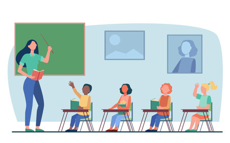 Students listening to teacher vector illustration. Woman holding book, standing at blackboard, teaching children lesson in classroom. Teachers Day, school, education conceptのイラスト素材