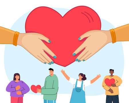 Hands holding red heart vector illustration. Happy people helping each other, smiling, sending love and gifts on white background. Random acts of kindness day, friendship, equality conceptのイラスト素材