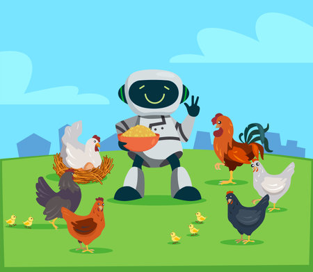 Robot assistant feeding chickens vector illustration. Happy robot with bowl taking care of birds and livestock on farm. Artificial intelligence, application of robotics in farming, technology conceptのイラスト素材