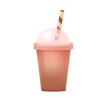 Sweet drink in plastic cup with straw 3D illustration. Cartoon drawing of bubble tea, soda, juice or cocktail in cup in 3D style on white background. Beverage, dessert, celebration conceptのイラスト素材