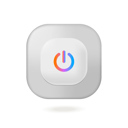On or power button of square shape 3D illustration. Cartoon drawing of on-off button for computer or devices in 3D style on white background. Technology, connection, electricity conceptのイラスト素材