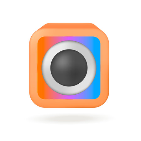 Orange vintage camera with big lens 3D illustration. Cartoon drawing or icon with retro camera for application in 3D style on white background. Technology, media, photography conceptのイラスト素材