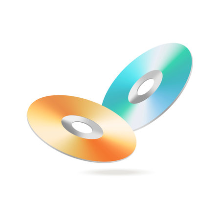 Blue and orange discs for music or movies 3D illustration. Cartoon drawing of CDs or DVDs, plastic digital storage in 3D style on white background. Technology, equipment, multimedia conceptのイラスト素材