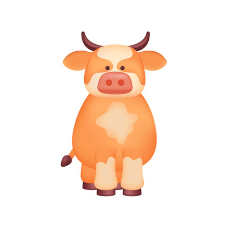 Cute orange cow character as kids toy 3D illustration. Cartoon drawing of adorable domestic or cattle animal as gift or mascot in 3D style on white background. Wildlife, agriculture or farming conceptのイラスト素材
