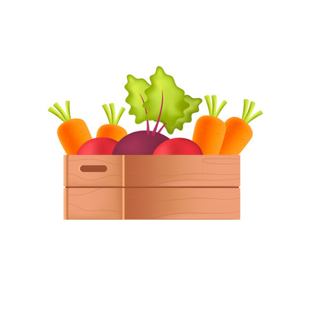 Wooden crate with fresh vegetables 3D illustration. Cartoon drawing of harvest or organic food in basket from wood in 3D style on white background. Gardening, farming, agriculture, nature conceptのイラスト素材