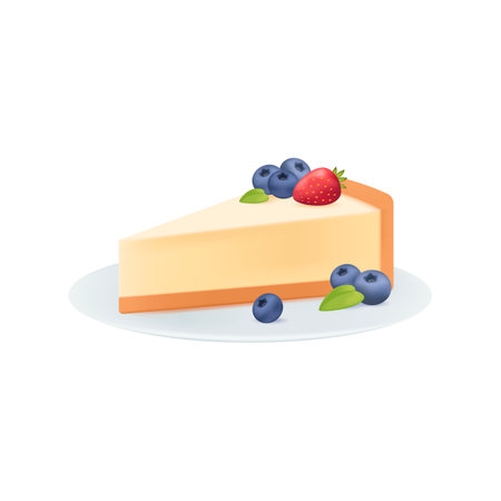 Piece of tasty cheesecake with blueberries 3D illustration. Cartoon drawing of sweet snack, piece of cake with berries on plate in 3D style on white background. Celebration, food, dessert conceptのイラスト素材