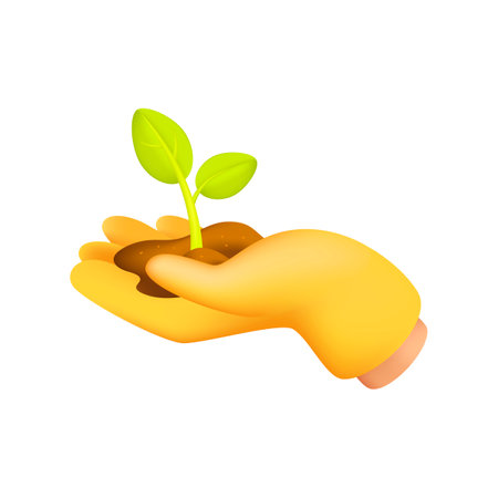 Hand in yellow rubber glove holding sprout 3D illustration. Cartoon drawing of gardener or farmer planting vegetables in 3D style on white background. Gardening, cultivation, farming conceptのイラスト素材