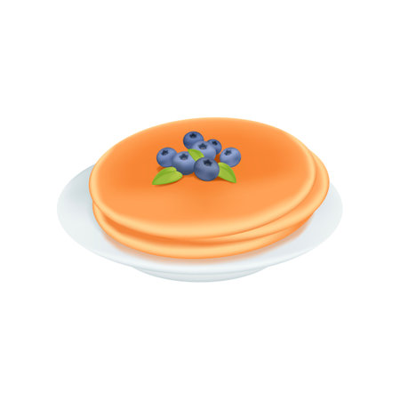 Stack of tasty pancakes with blueberries 3D illustration. Cartoon drawing of sweet snack or breakfast at cafe or home in 3D style on white background. Dessert, food conceptのイラスト素材