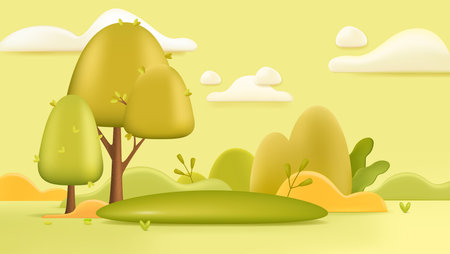 Green landscape background 3d illustration. Summer forest meadow with trees and grass in cartoon style. Nature, season, summer conceptのイラスト素材