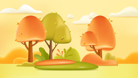 Autumn landscape background 3d illustration. Forest meadow with green and orange trees and plants in cartoon style. Nature, season, summer conceptのイラスト素材