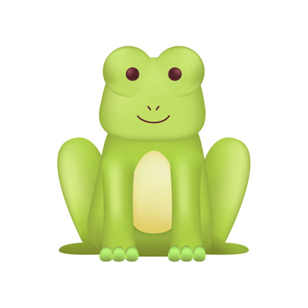 Adorable smiling frog character as kids toy 3D illustration. Cartoon drawing of green amphibian as mascot or gift in 3D style on white background. Wildlife, nature, zoology conceptのイラスト素材