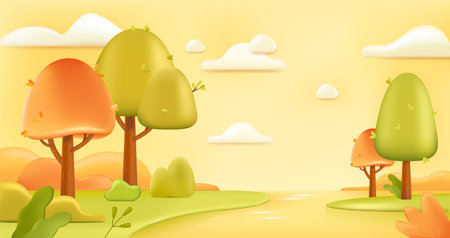 Autumn landscape with river 3d illustration. Natural background with trees, plants and lake at sunset in cartoon style. Nature, season, fall, forest conceptのイラスト素材
