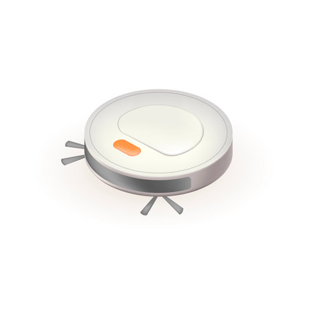 Robot vacuum cleaner 3d vector illustration. Wireless device for cleaning house in cartoon style isolated on white background. Modern technology, smart home conceptのイラスト素材