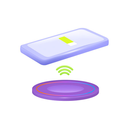 Wireless charger 3d vector illustration. Smartphone charging on smart device in cartoon style isolated on white background. Modern technology, smart home conceptのイラスト素材