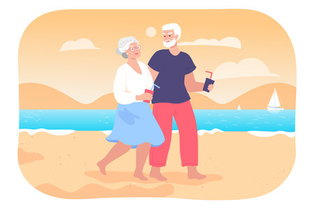 Senior couple walking on beach vector illustration. Happy elderly man and woman traveling, holding hands and enjoying drinks together. Summer, senior life, family conceptのイラスト素材