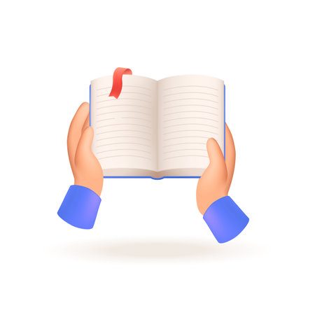 Hands holding open book or notebook for studying 3D illustration. Cartoon drawing of hands of student with textbook in 3D style on white background. Education, literature, wisdom conceptのイラスト素材