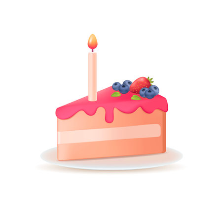 Piece of birthday cake 3d vector illustration. Festive meal with candle and berries for surprise...