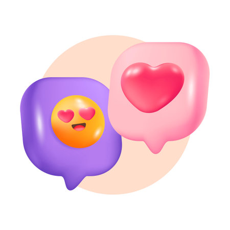 Heart and happy face icons 3d vector illustration. Speech or message bubbles with love emoticons in pink circle in cartoon style isolated on white background. Valentine day, love, relationship conceptのイラスト素材