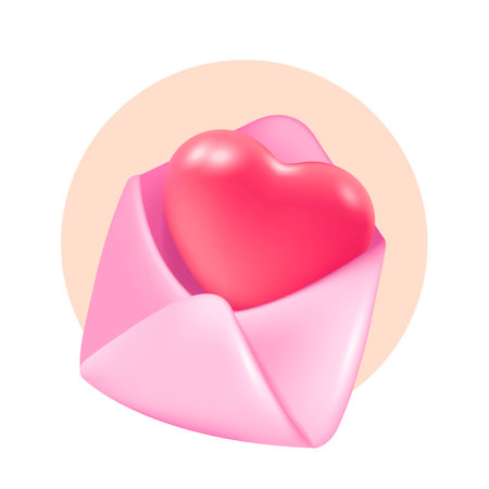 Romantic letter with heart 3d vector illustration. Cute gift from lover in pink circle in cartoon style isolated on white background. Valentines day, love, anniversary conceptのイラスト素材