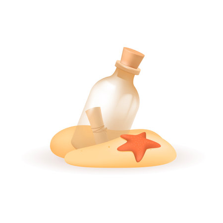 Bottle in sand 3d vector illustration. Letter and starfish on beach at sea in cartoon style isolated on white background. Summer, tourism, vacation, travel conceptのイラスト素材