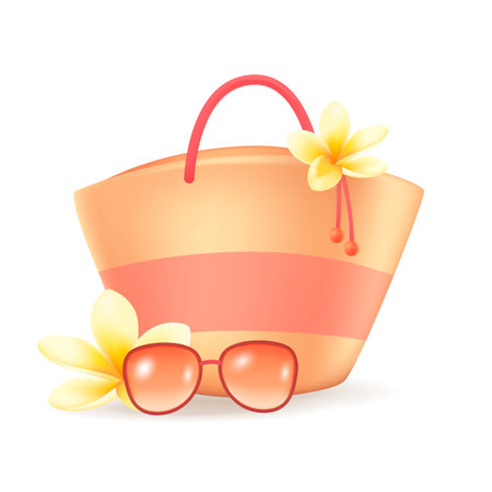 Summer bag with flowers 3d vector illustration. Beach accessory and sunglasses in cartoon style isolated on white background. Summer, tourism, vacation, travel conceptのイラスト素材