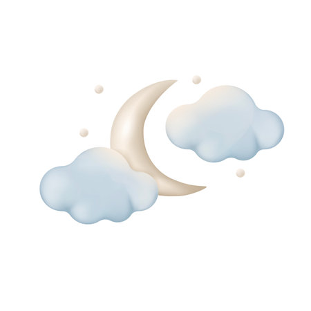 Crescent moon in clouds 3d vector illustration. Clear or cloudy weather at night in cartoon style isolated on white background. Weather forecast, meteorology conceptのイラスト素材