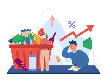 Frustrated man writing grocery list vector illustration. Customer looking at container with grocery products, clothes, digital devices, worrying about money. Rising prices, inflation, economy conceptのイラスト素材