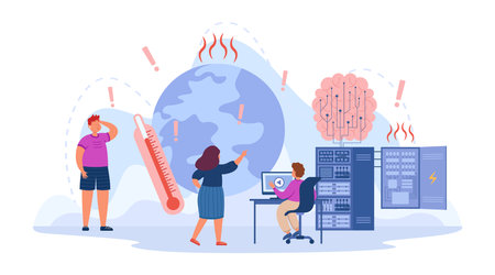 High temperature on planet due to artificial intelligence. Environmental impact of modern AI technology, scared people vector illustration. Technology, danger, environment, climate change conceptのイラスト素材