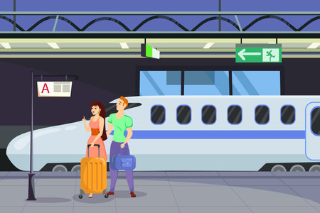 Happy couple waiting for train on station vector illustration. Man and woman with suitcases traveling together by rail routes instead of plane. Summer, train travel, tourism conceptのイラスト素材