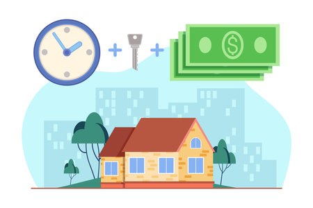 Symbols of clock, key and money above house vector illustration. Cartoon drawing of short-term house rental elements and building. Rental, accommodation, housing, real estate, payment conceptのイラスト素材