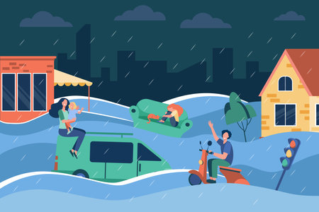 People in city suffering from flood vector illustration. Family surviving on truck roof and coach, waiting for rescue while water crashing houses and trees. Natural disaster, climate change conceptのイラスト素材