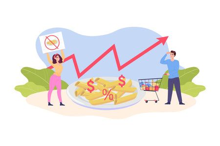 Woman boycotting pasta due to price increase vector illustration. Cartoon drawing of girl with sign, customer with shopping cart, huge plate of macaroni, growing cost. Inflation, food, strike conceptのイラスト素材