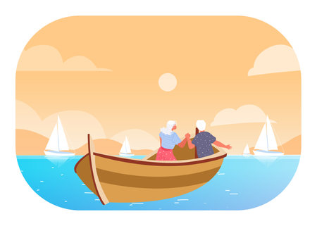 Senior couple traveling by boat vector illustration. Elderly man and woman holding hands, enjoying sunset while sailing in sea. Travel and exploration in retirement, summer conceptのイラスト素材