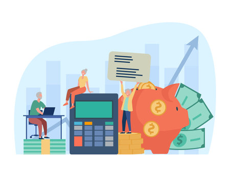 Senior people planning retirement budget vector illustration. Happy elders with piggy bank, calculator, laptop and banknotes managing finances. Financial planning, investment, banking conceptのイラスト素材